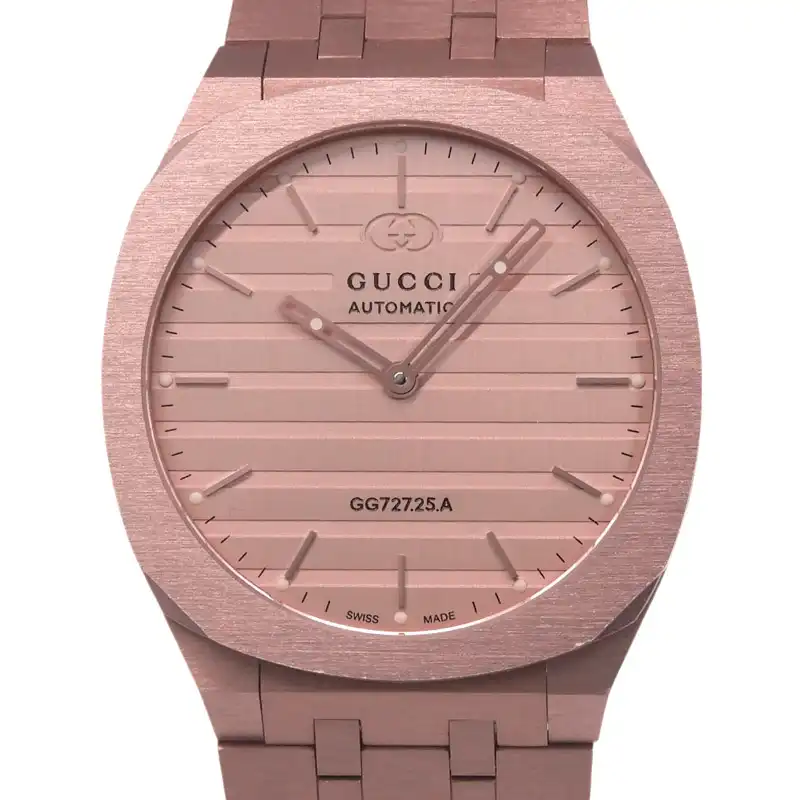グッチ GUCCI 25H メンズ 自動巻き 腕時計 アルミニウム ピンク文字盤 シースルーバック GG727.25.A 中古 GU0687