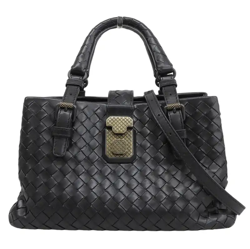 ボッテガヴェネタ BOTTEGA VENETA ローマ イントレチャート 2WAY ハンドバッグ ショルダーバッグ レザー ブラック 中古 OB2807