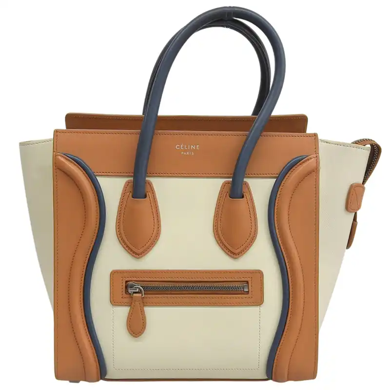 http://セリーヌ%20CELINE%20ラゲージ%20マイクロショッパー%20ハンドバッグ%20レザー%20ホワイト/ブラウン/ネイビー%20中古%20OB2826