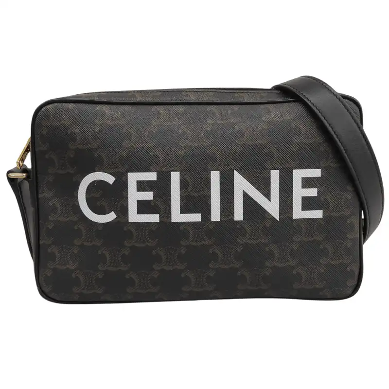 http://セリーヌ%20CELINE%20ミディアムメッセンジャー%20ロゴ%20ショルダーバッグ%20トリオンフキャンバス%20ブラック/ブラウン%20中古%20OB2849