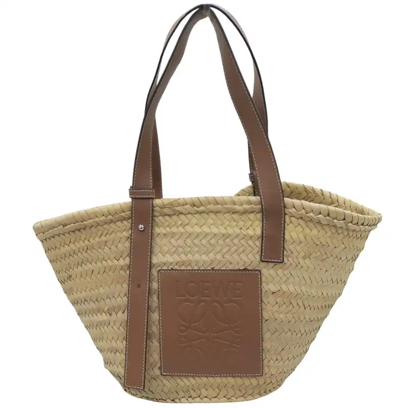 ロエベ LOEWE バスケットバッグ ミディアム トートバッグ かごバッグ ラフィア レザー ナチュラル タン 中古 OB2852