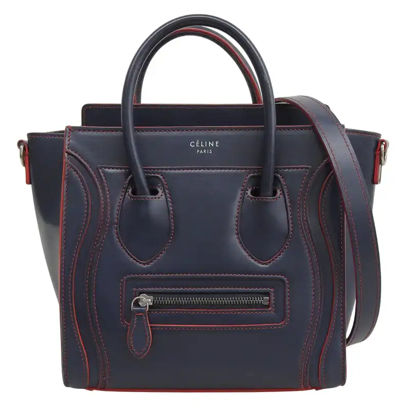 セリーヌ CELINE ラゲージ ナノショッパー 2WAYバッグ ハンドバッグ ショルダーバッグ レザー ネイビー/レッド 中古 OB2853
