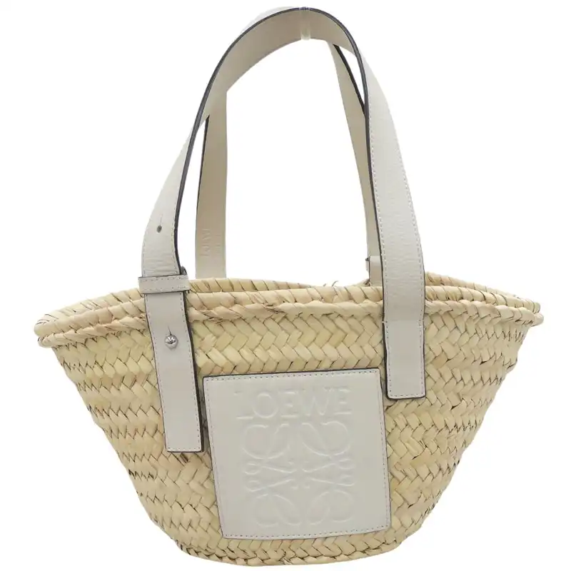 ロエベ LOEWE バスケットバッグ スモール トートバッグ かごバッグ ラフィア レザー ナチュラル ホワイト 中古 OB2858