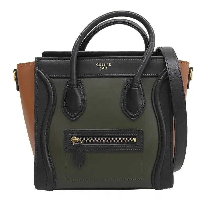 セリーヌ CELINE ラゲージ ナノショッパー 2WAY ハンドバッグ ショルダーバッグ レザー ブラック/カーキ/ブラウン 中古 OB2859