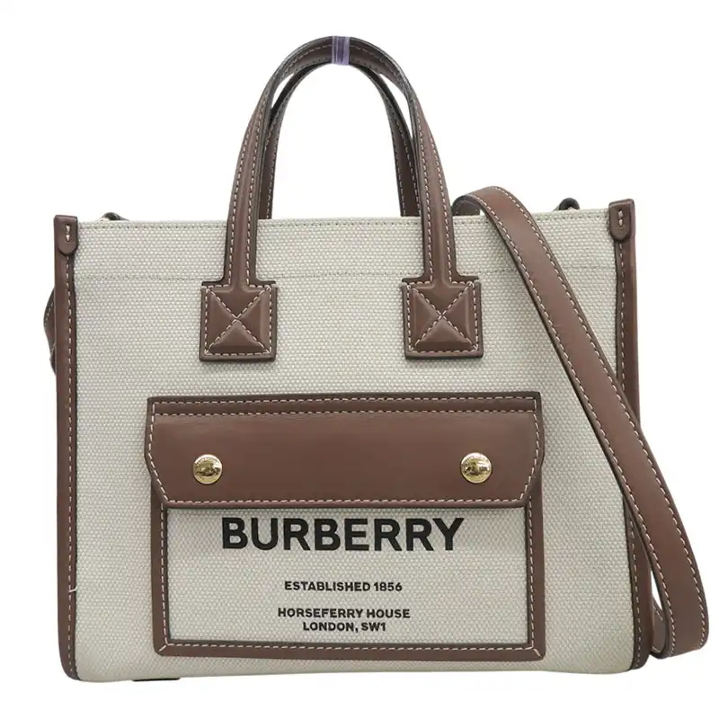 http://バーバリー%20BURBERRY%20ミニフレヤトート%202WAYバッグ%20ハンドバッグ%20ショルダーバッグ%20キャンバス/レザー%20ナチュラル/タン%20中古%20OB2869