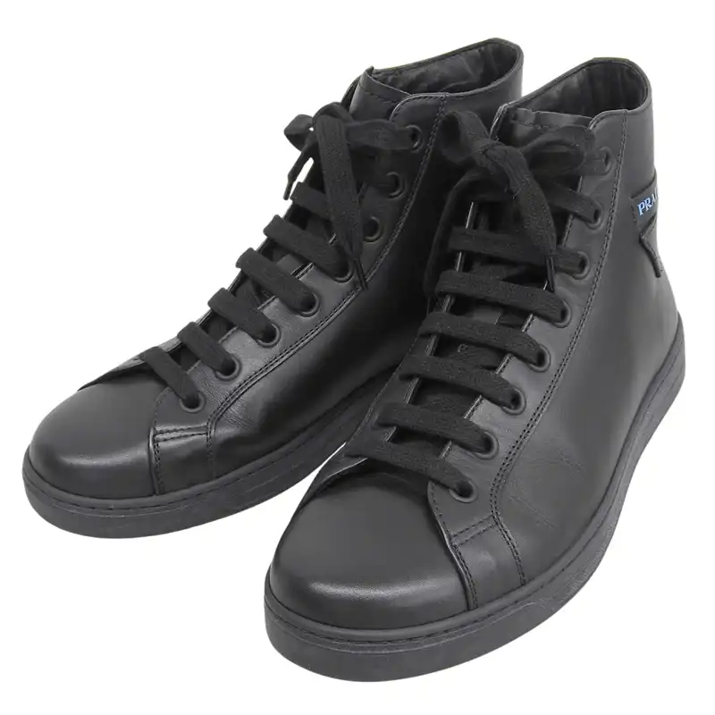 http://プラダ%20PRADA%20ハイカットスニーカー%20靴%20レザー%20ブラック%20#7%20約26cm%204T3320%20中古%20OBB0703