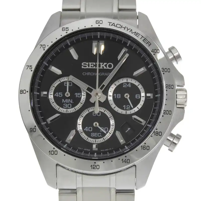セイコー SEIKO メンズ クォーツ クロノグラフ 腕時計 SS ブラック文字盤 SBTR013 美品 OW0500