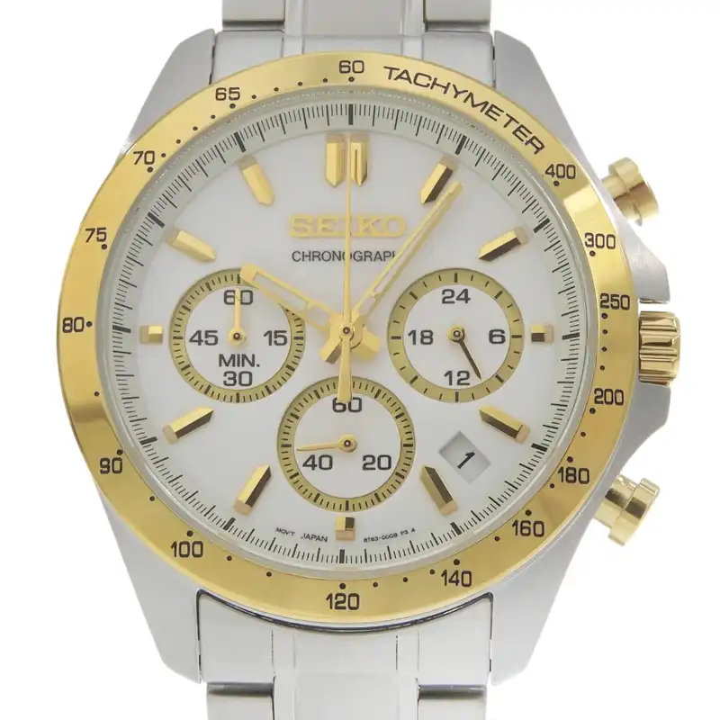 セイコー SEIKO メンズ クォーツ クロノグラフ 腕時計 SS/GP ホワイト文字盤 SBTR024 美品 OW0503