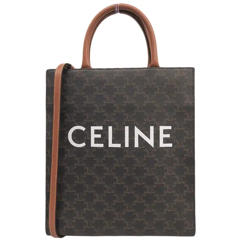 セリーヌ CELINE トリオンフ バーティカルカバ スモール 2WAY トートバッグ ショルダーバッグ キャンバス/レザー タン 中古 OB2883