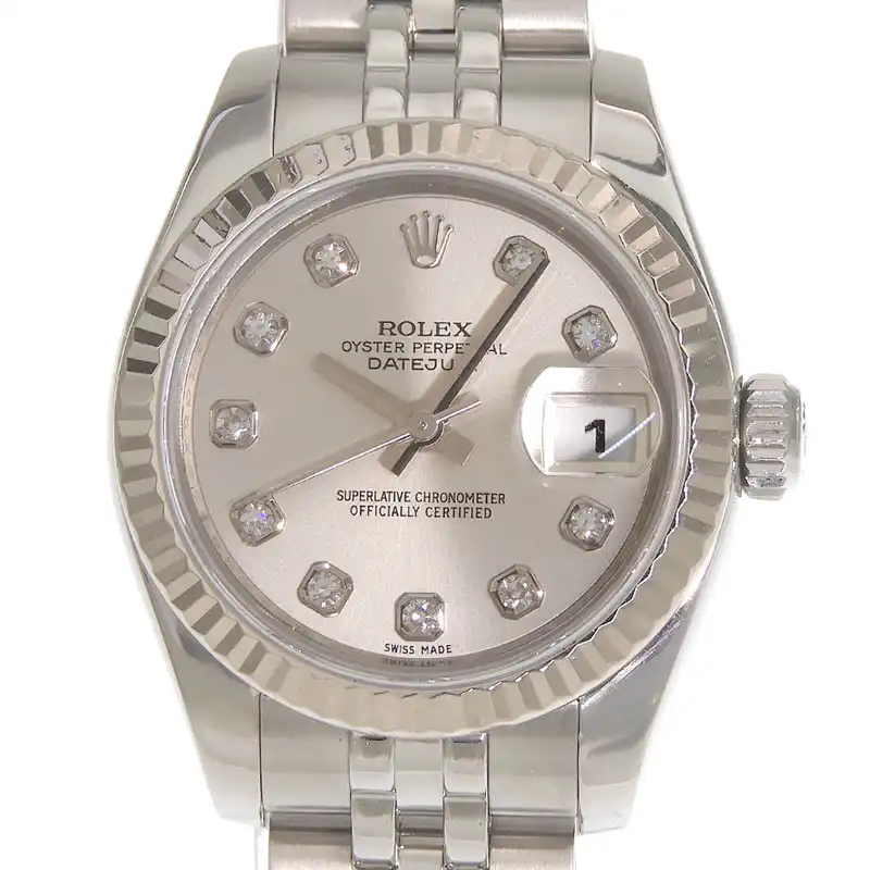 ロレックス ROLEX デイトジャスト レディース 自動巻き 腕時計 SS/K18WG 10Pダイヤ シルバー文字盤 179174G NJ/NP 中古 RO0400