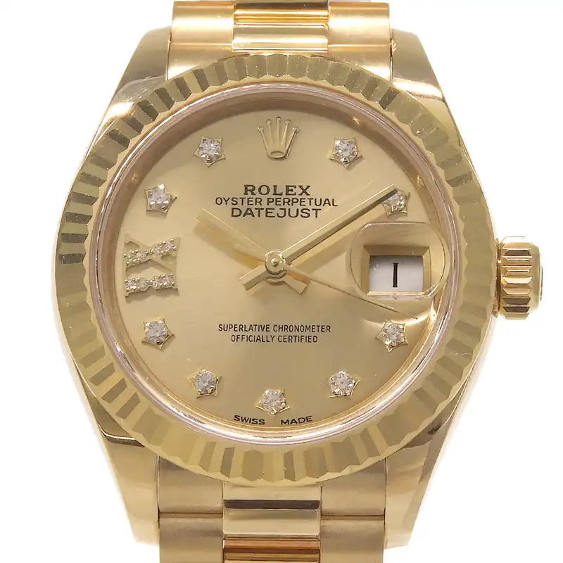 ロレックス ROLEX デイトジャスト28 レディース 自動巻き 腕時計 K18YG IXダイヤ 9Pダイヤ シャパン文字盤 279178G 中古 RO0402