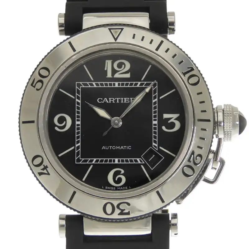 カルティエ CARTIER パシャ シータイマー メンズ 自動巻き 腕時計 SS/ラバー ブラック文字盤 W31077U2 中古 CA0495