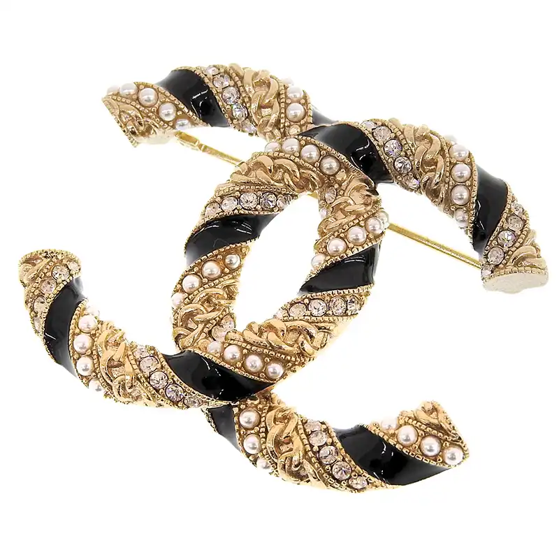 シャネル CHANEL ココマーク ブローチ フェイクパール ラインストーン GP ホワイト/ブラック/ゴールド色 A21P 中古 CH1160