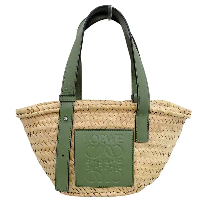 ロエベ LOEWE バスケットバッグ スモール トートバッグ かごバッグ ラフィア/レザー ナチュラル/グリーン A223.S93.X04 中古 OB2891