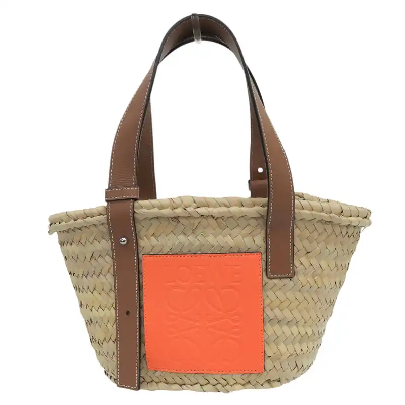 http://ロエベ%20LOEWE%20バスケットバッグ%20スモール%20トートバッグ%20かごバッグ%20ラフィア/レザー%20ナチュラル/オレンジ%20中古%20OB2938