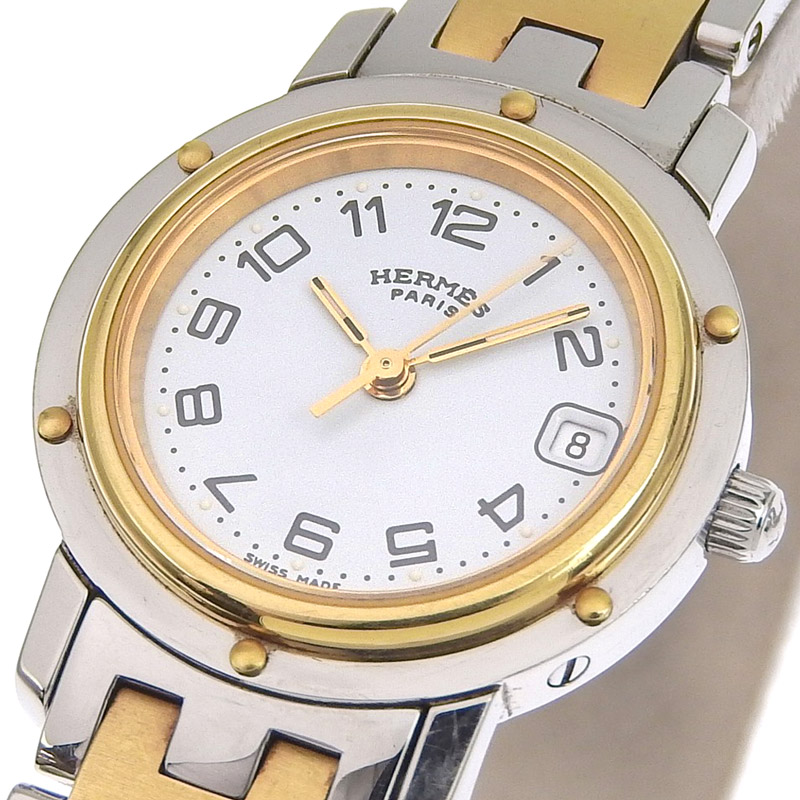 エルメス HERMES 時計 クリッパー レディース クォーツ 腕時計 SS GP ホワイト文字盤 CL4.220 中古 HE0423