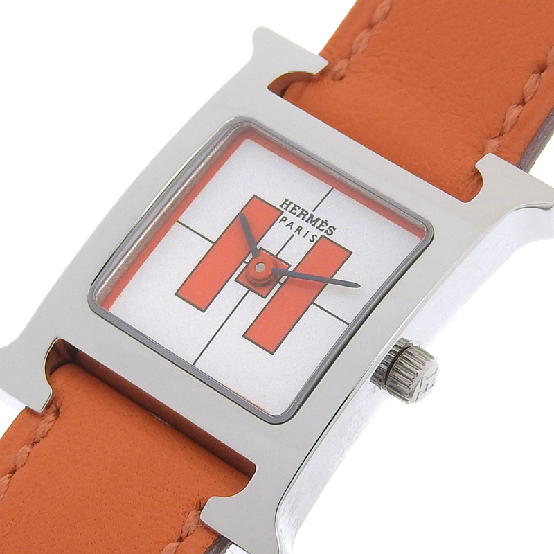 HERMES レディース 腕時計 Hウォッチ クオーツ SS オレンジ文字盤当店6ヶ月保証サイズ