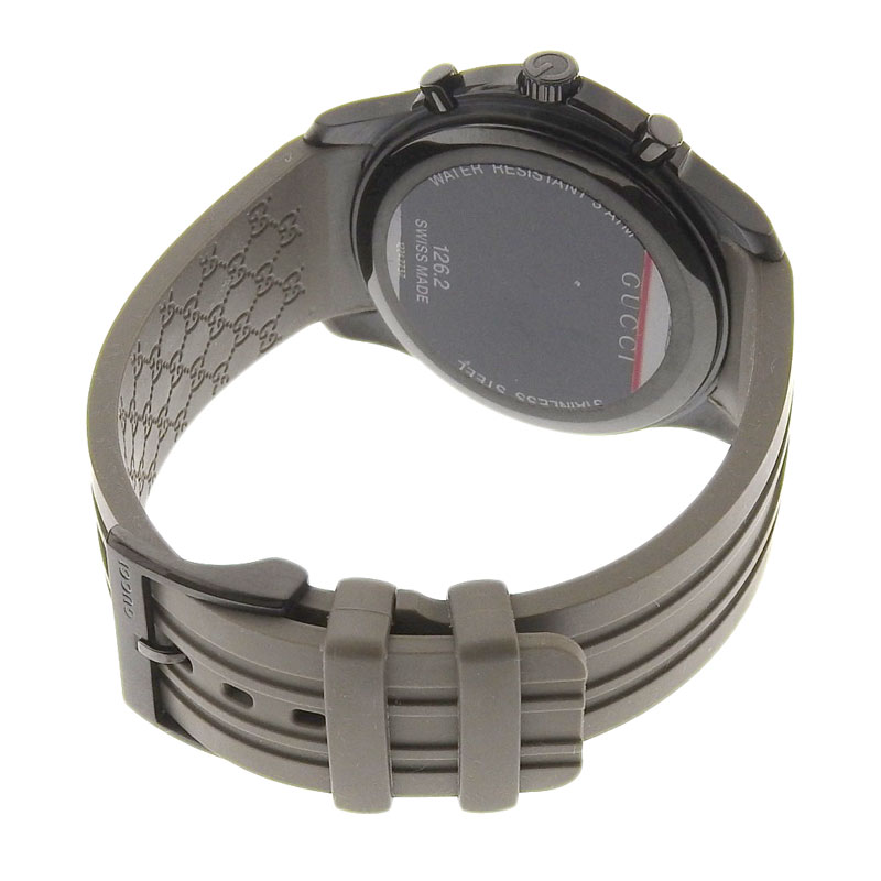 グッチ GUCCI Gタイムレス クロノグラフ メンズ クォーツ 腕時計 SS ラバー ブラック文字盤 YA126207 美品 GU0306