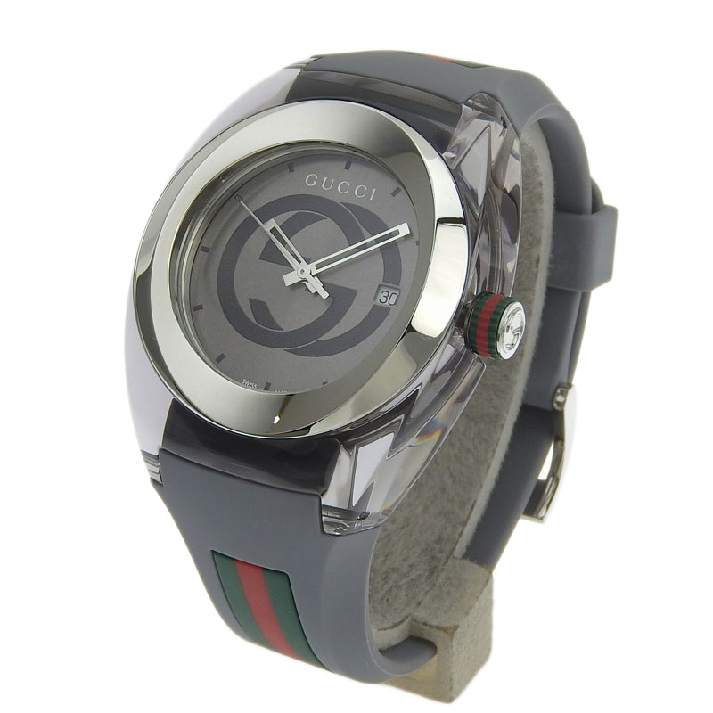 グッチ GUCCI 時計 シンク XXL メンズ クォーツ 腕時計 SS ラバー グレー文字盤 137.1 美品 GU0308 | ロンド