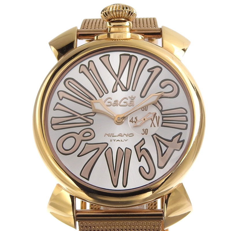 ガガミラノ GAGA MILANO マヌアーレ スリム46 メンズ クォーツ 腕時計 GP シルバー文字盤 5081.2 中古 OW0277