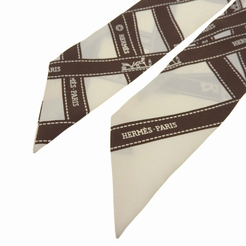 エルメス HERMES ツイリー スカーフ シルク100% ホワイト/ブラウン 