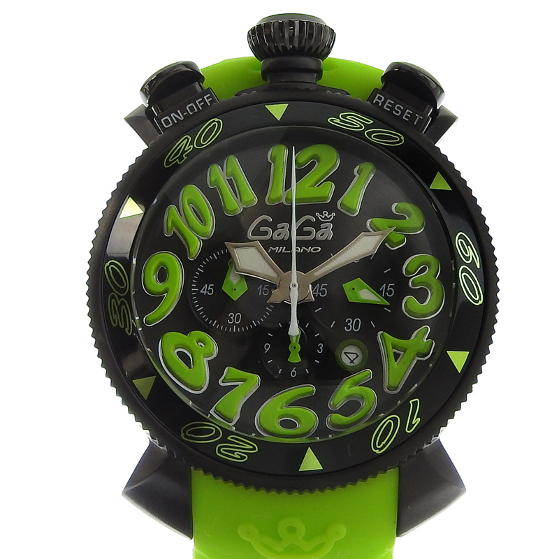 ガガミラノ GAGA MILANO マヌアーレ48 クロノグラフ メンズ クォーツ 腕時計 SS ラバー ブラック文字盤 6054.2 美品 OW0256