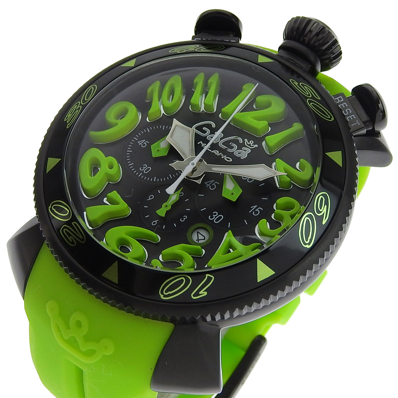 ガガミラノ GAGA MILANO マヌアーレ48 クロノグラフ メンズ クォーツ 腕時計 SS ラバー ブラック文字盤 6054.2 美品