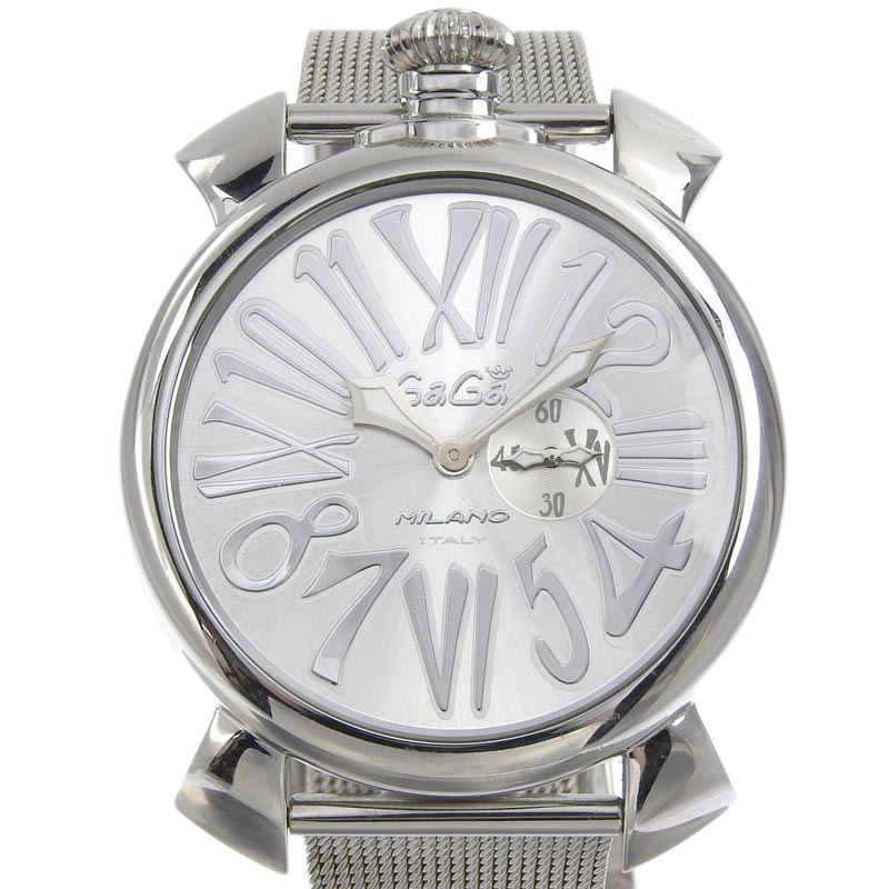 ガガミラノ GAGA MILANO 時計 マヌアーレ スリム46 メンズ クォーツ 腕時計 SS シルバー文字盤 5080.3 中古 OW0299