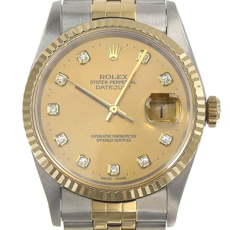 ロレックス ROLEX 時計 デイトジャスト メンズ 自動巻き 腕時計 SS YG 10Pダイヤ シャンパン文字盤 16233G W番 1994年 中古 RO0210