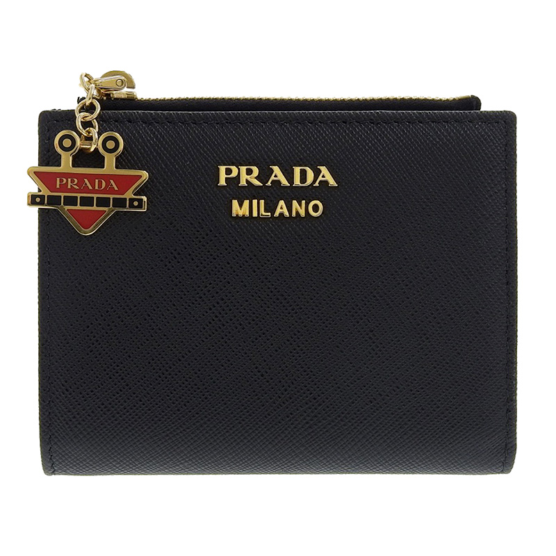 PRADA 二つ折り財布 コンパクト ウォレット サフィアーノ レザー ブラック