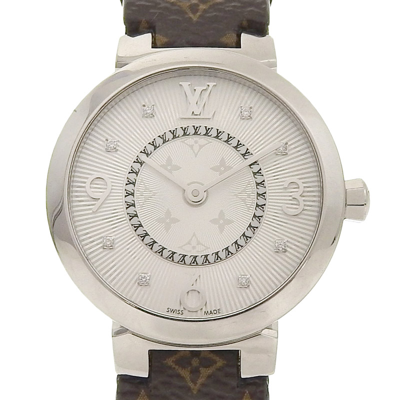 ルイヴィトン LOUIS VUITTON タンブールスリム レディース クォーツ 腕時計 8Pダイヤ SS/革 シルバー文字盤 Q12MG 中古 LV1216