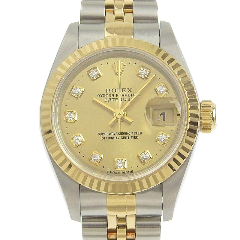 ロレックス ROLEX デイトジャスト レディース 自動巻き 腕時計 SS/YG 10Pダイヤ シャンパン文字盤 T番 1996年 69173G 中古 RO0248