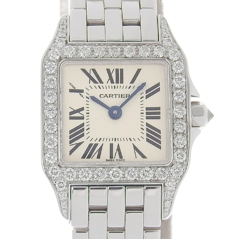 カルティエ CARTIER サントスドゥモワゼルSM レディース クォーツ 腕時計 K18WG ベゼルダイヤ ホワイト文字盤 WF9003Y8 美品 CA0445