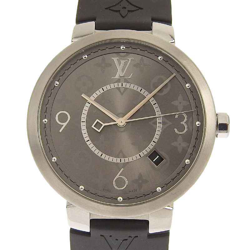 ルイヴィトン LOUIS VUITTON タンブール スリム エクリプス メンズ クォーツ 腕時計 SS/ラバー グレー文字盤 Q1DM0 中古 LV1465