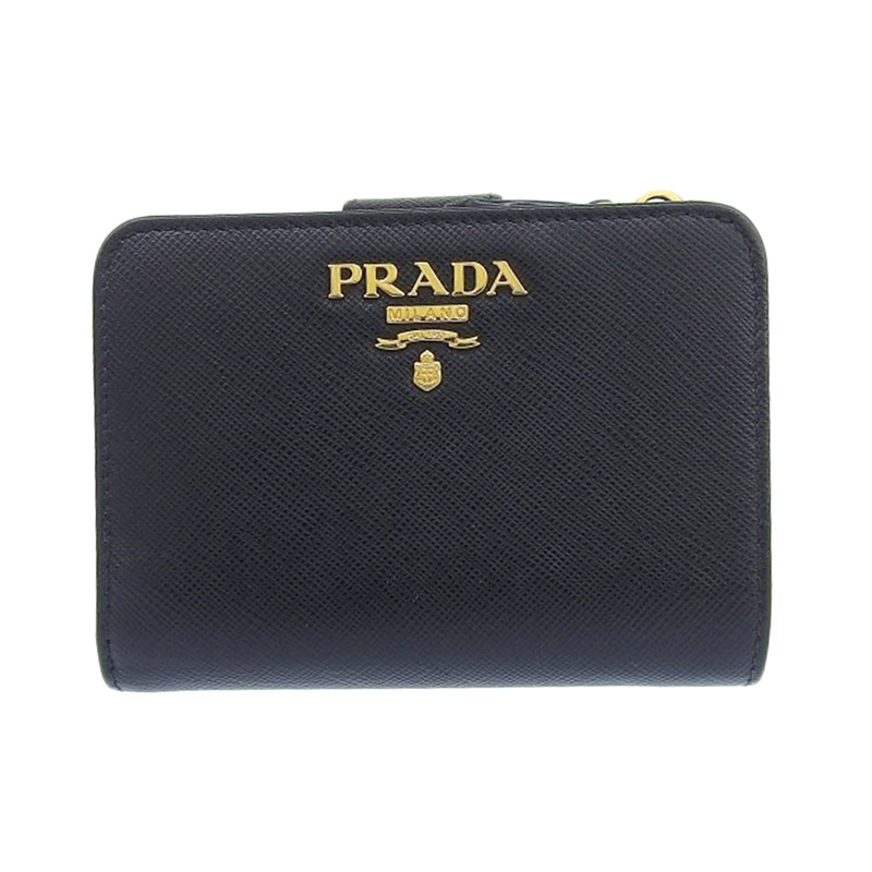 プラダ PRADA 二つ折り財布 コンパクトウォレット サフィアーノ レザー ブラック ピンク 1ML018 中古 OBB0534
