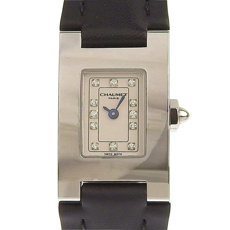 ショーメ CHAUMET スタイル レクタンブル レディース クォーツ 腕時計 SS/革 12Pダイヤモンド アイボリー文字盤 中古 OW0414