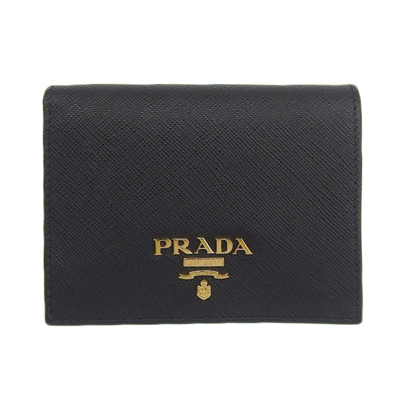 プラダ PRADA 二つ折り財布 コンパクトウォレット サフィアーノ レザー ブラック 1MV204 中古 OBB0542